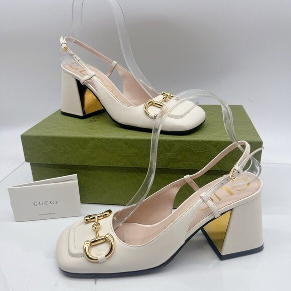 Gucci GG Slingback Horsebit Pump Chunk Heel Mystic White Leather EU 41.5 US 11.5 - Picture 3 of 12